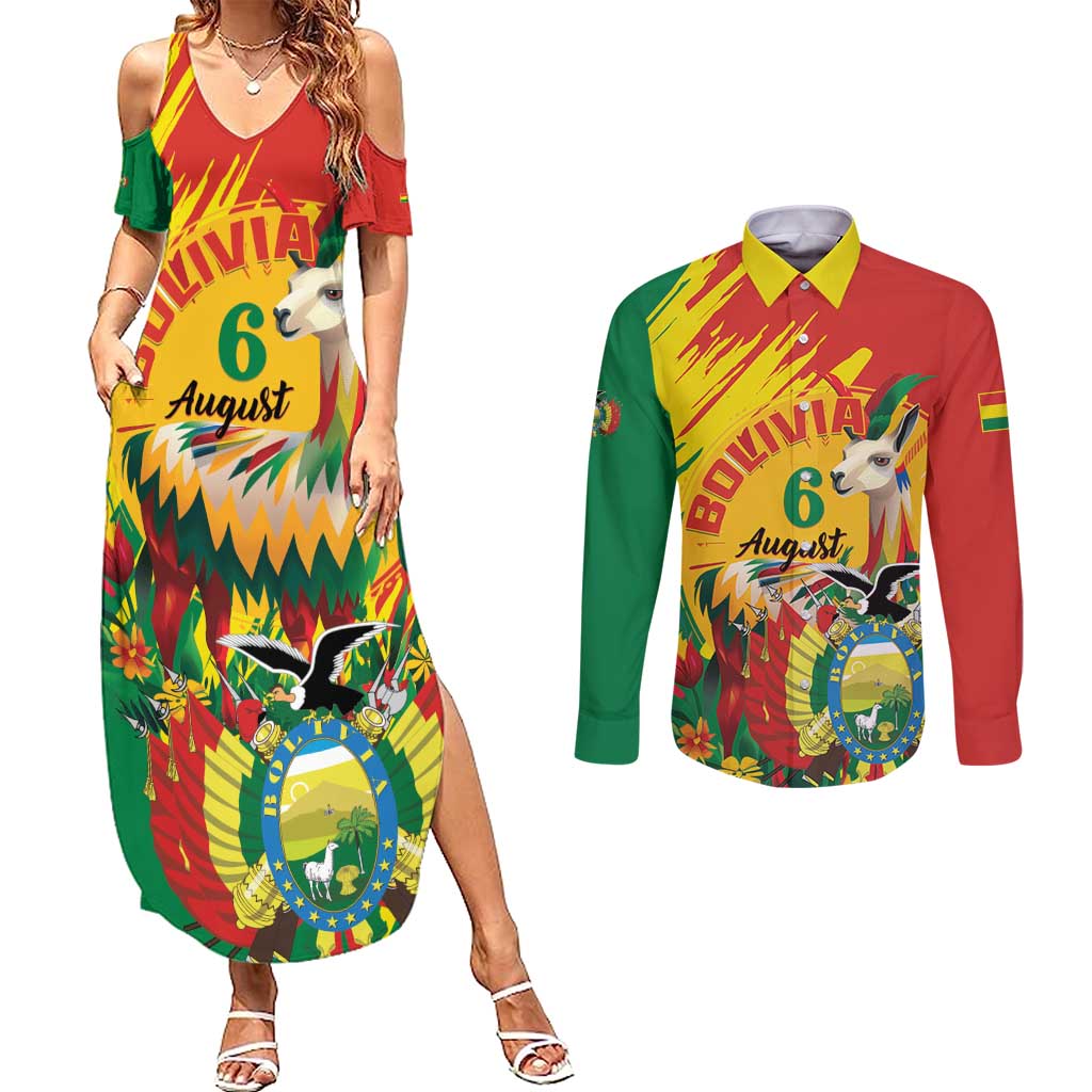 Bolivia Independence Day Couples Matching Summer Maxi Dress and Long Sleeve Button Shirt Puliwya Achka Aylluska Mamallaqta - Wonder Print Shop