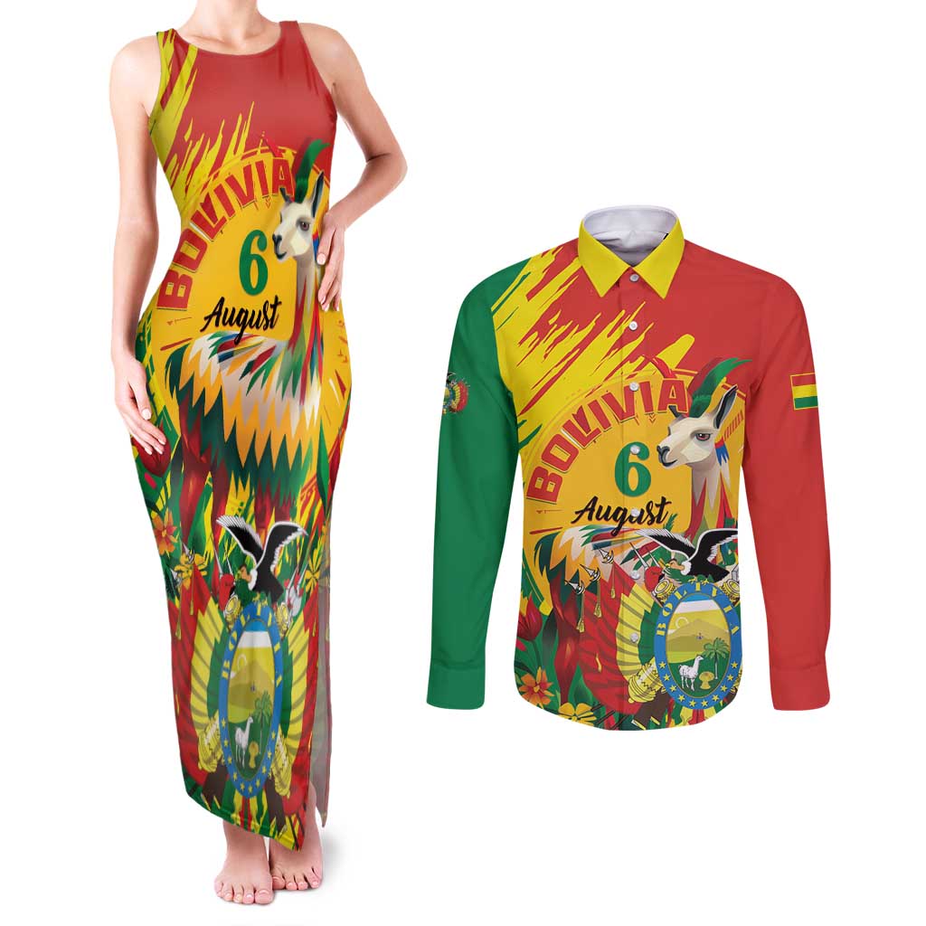 Bolivia Independence Day Couples Matching Tank Maxi Dress and Long Sleeve Button Shirt Puliwya Achka Aylluska Mamallaqta - Wonder Print Shop