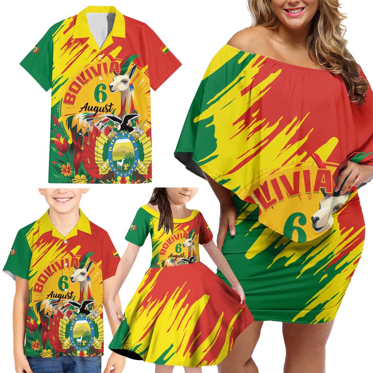 Bolivia Independence Day Family Matching Off Shoulder Short Dress and Hawaiian Shirt Puliwya Achka Aylluska Mamallaqta - Wonder Print Shop