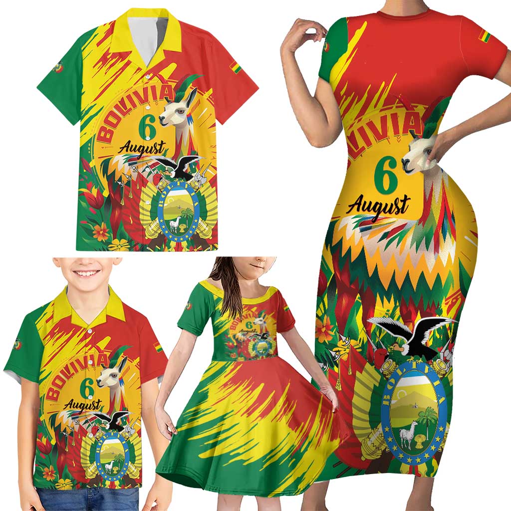 Bolivia Independence Day Family Matching Short Sleeve Bodycon Dress and Hawaiian Shirt Puliwya Achka Aylluska Mamallaqta - Wonder Print Shop