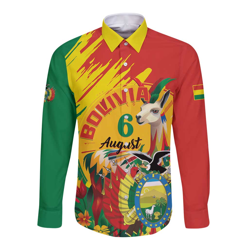 Long sleeve button shirt with yellow collar and red-yellow-green illustrated Independence print