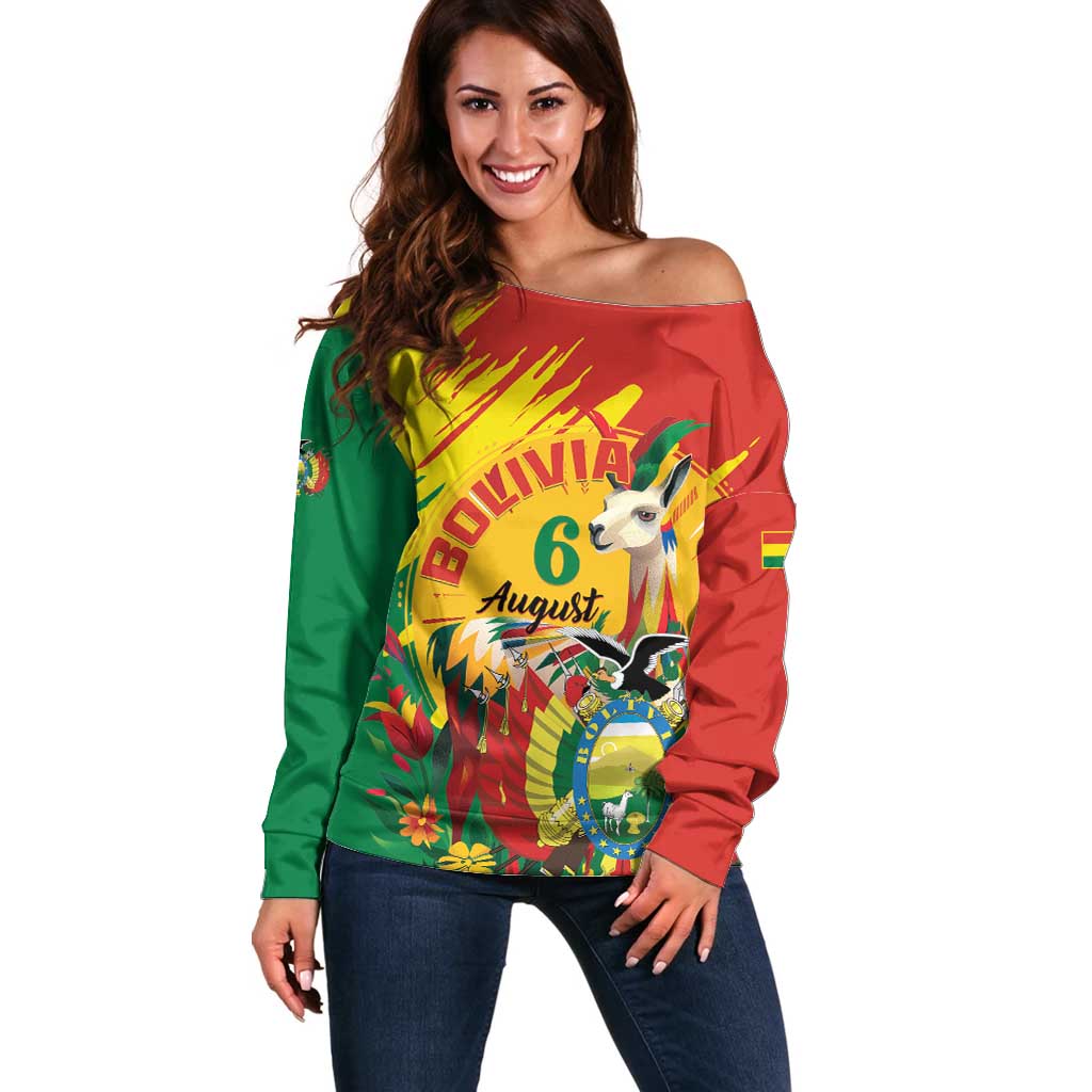 Bolivia Independence Day Off Shoulder Sweater Puliwya Achka Aylluska Mamallaqta - Wonder Print Shop