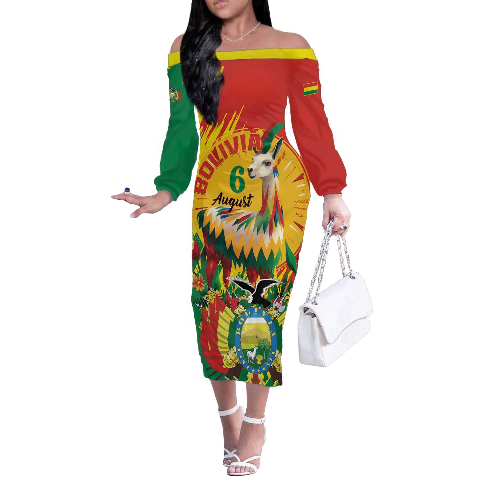 Bolivia Independence Day Off The Shoulder Long Sleeve Dress Puliwya Achka Aylluska Mamallaqta - Wonder Print Shop