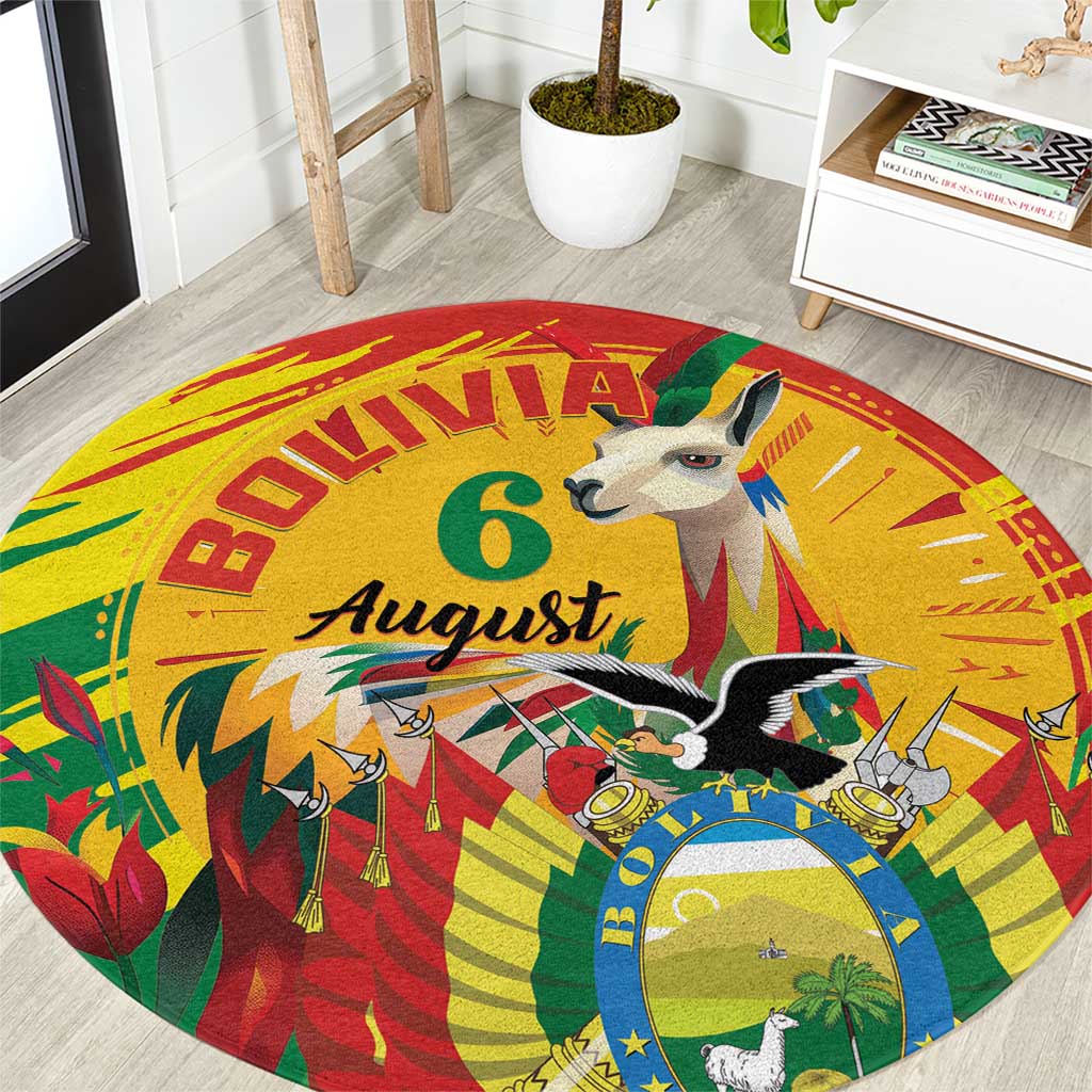 Round yellow carpet with Bolivia and August text, llama figure and circular red trim