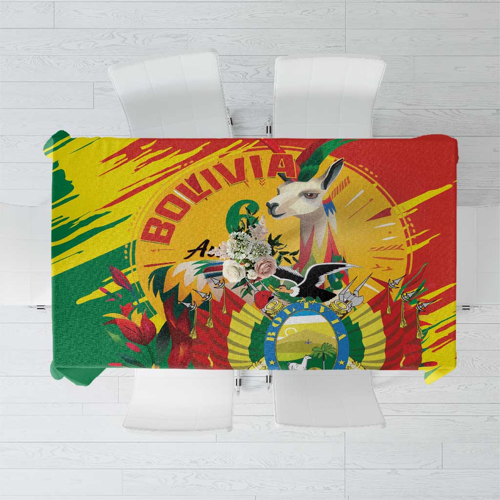 Rectangular Bolivia-themed tablecloth with bold red, yellow, and green graphic design