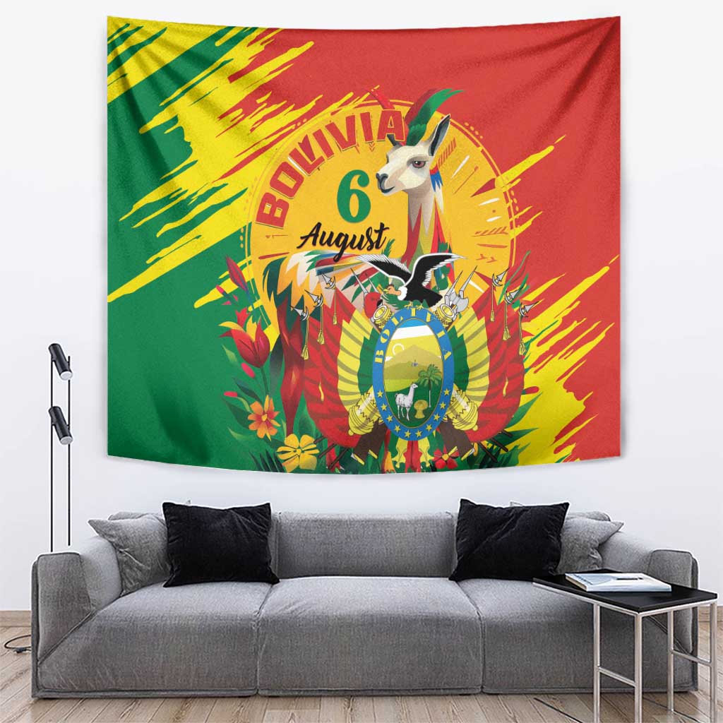 Independence Day tapestry: green-red-yellow design with llama and “6 August” text