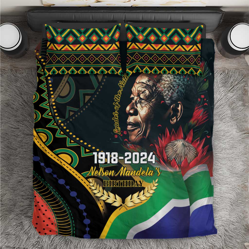 Mandela birthday bedding set with face portrait, 1918–2024 text, colorful geometric patterns