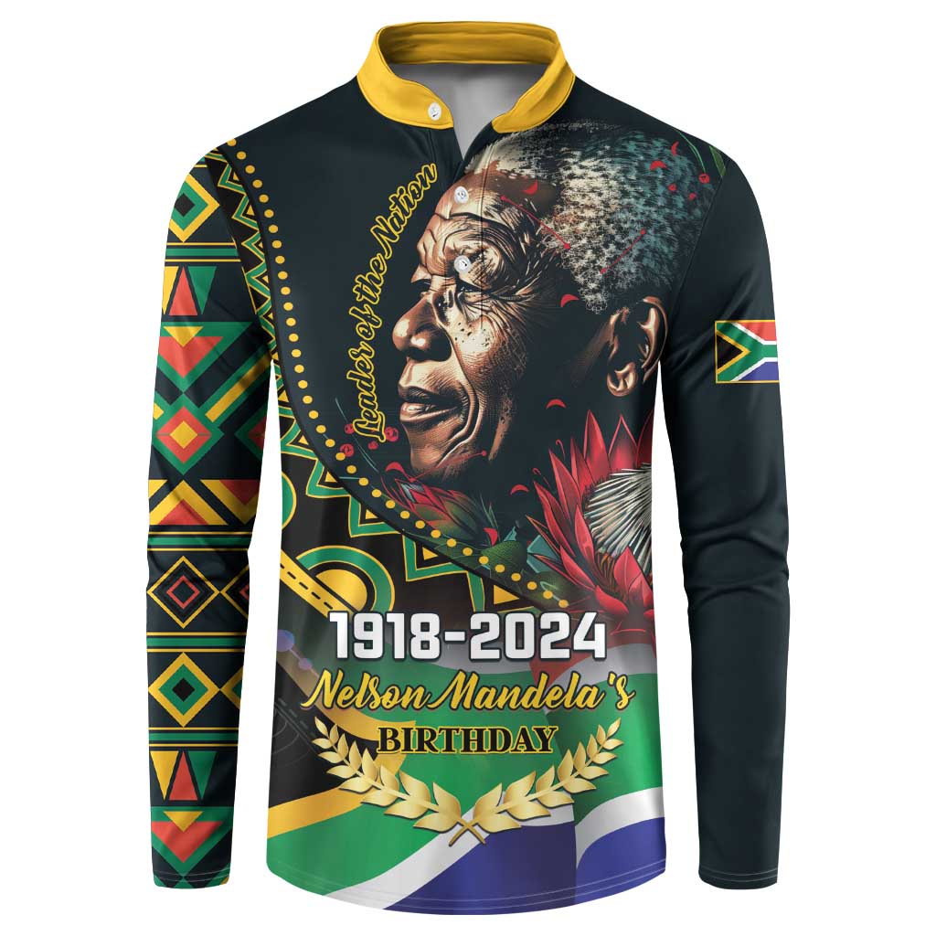 Black pullover sweatshirt with yellow collar, 1918-2024 text, Mandela portrait