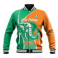 Unisex baseball jacket with Cote d'Ivoire elephant graphic and 1960 print