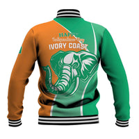 Orange & green baseball jacket, striped collar; “HAPPY Independence Day IVORY COAST” back