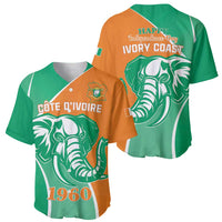 Baseball jersey in orange and green with elephant graphic; front and back views