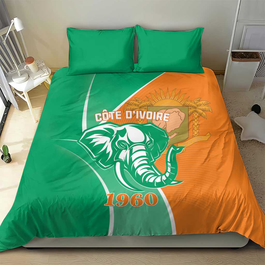 Green and orange Cote d'Ivoire elephant duvet cover with two green pillowcases