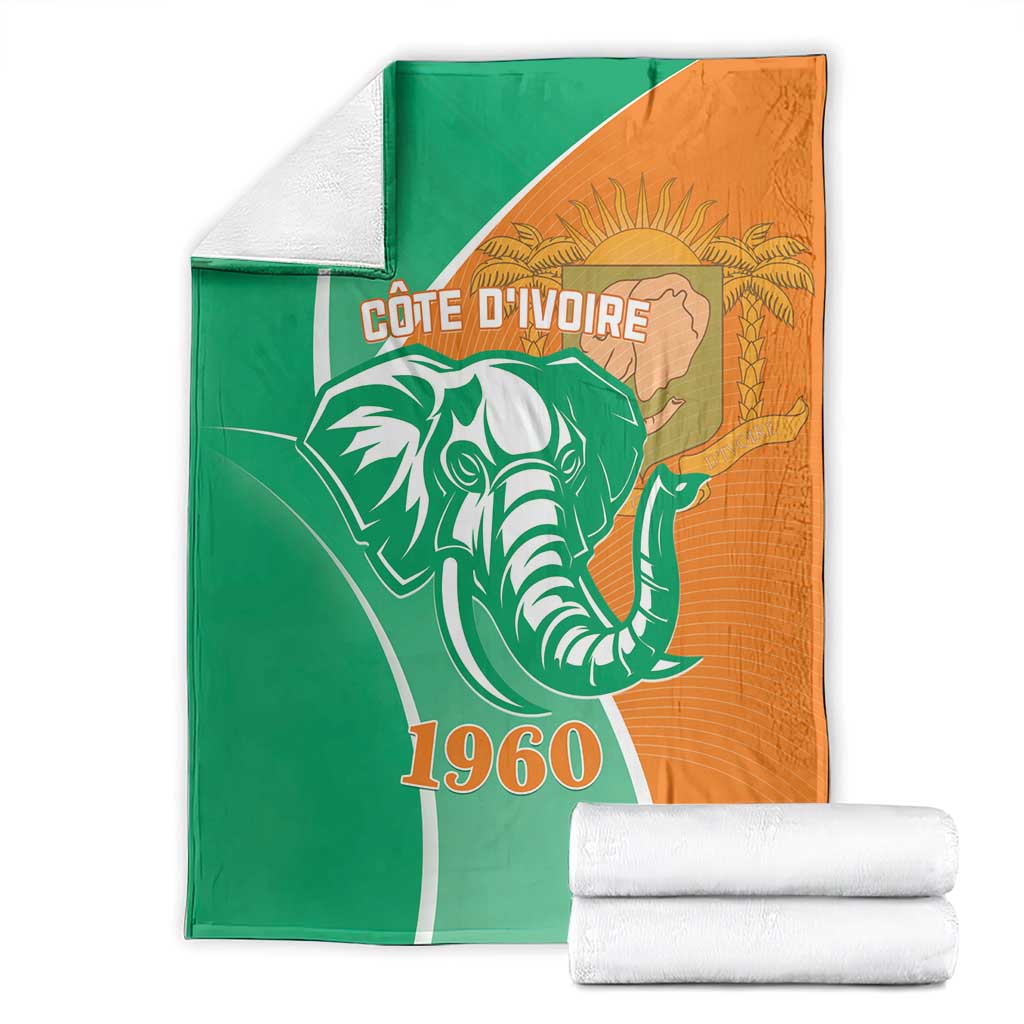 Cote d'Ivoire independence day blanket with elephant and 1960 graphic, green and orange