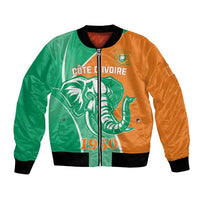 Orange and green bomber jacket with front zipper and elephant emblem graphic