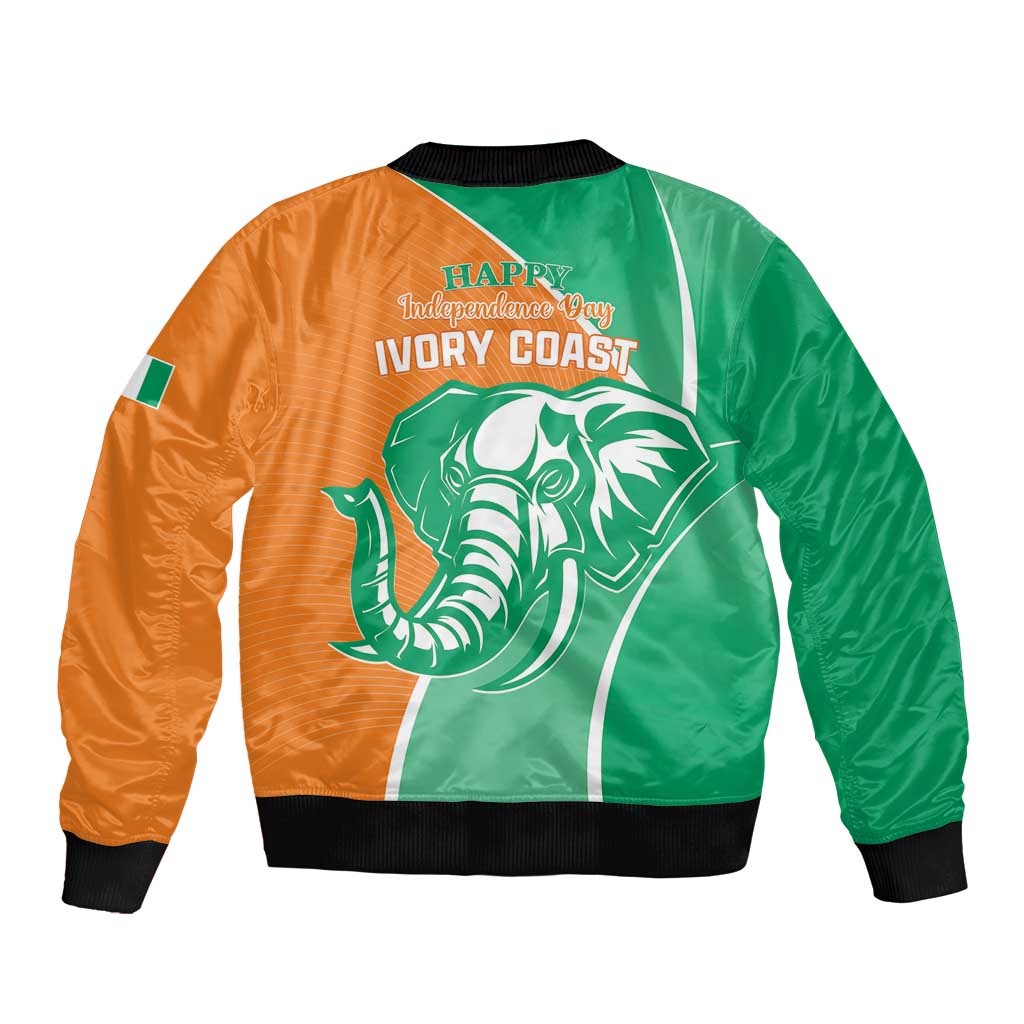 Orange and green bomber jacket with back elephant graphic and black ribbed hem