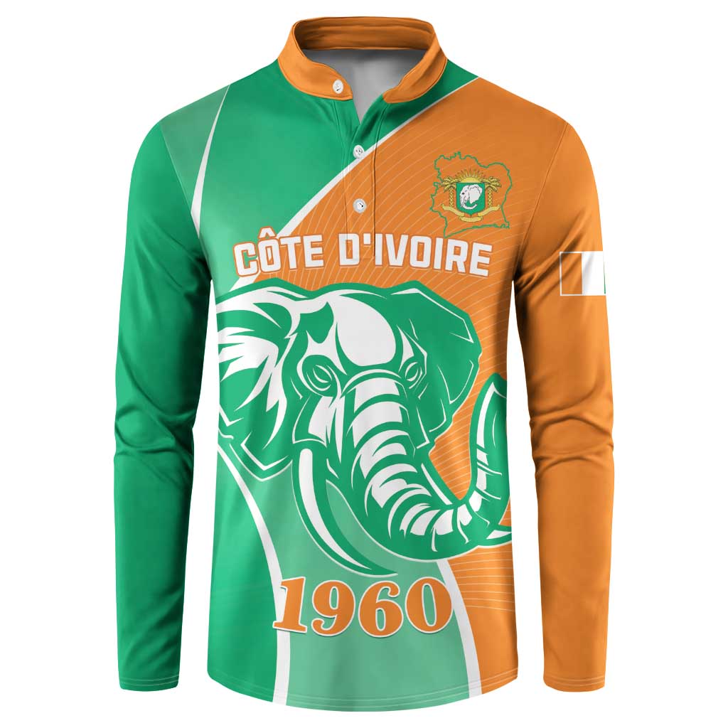 Green and orange button sweatshirt with elephant graphic, 1960, and Cote d'Ivoire text