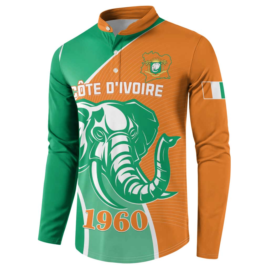 Front view green and orange button sweatshirt with elephant graphic and 1960 text