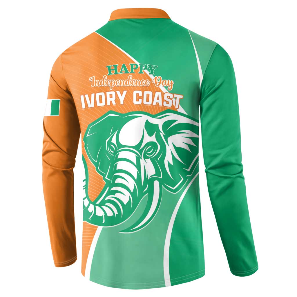 Back of green and orange button sweatshirt with Happy Independence Day, elephant, 1960