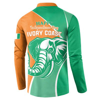 Back of green and orange button sweatshirt with Happy Independence Day, elephant, 1960