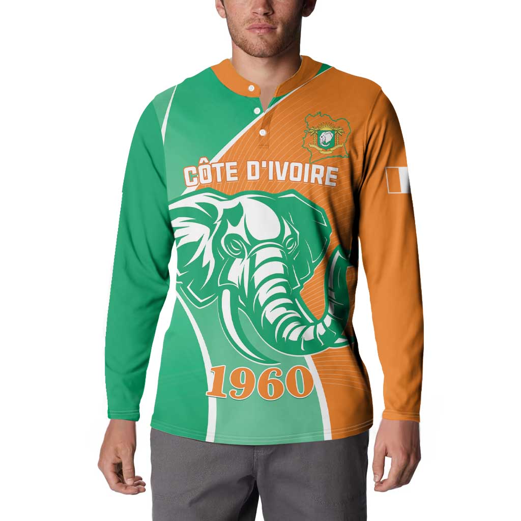 Green and orange button sweatshirt with elephant graphic and 1960 front print