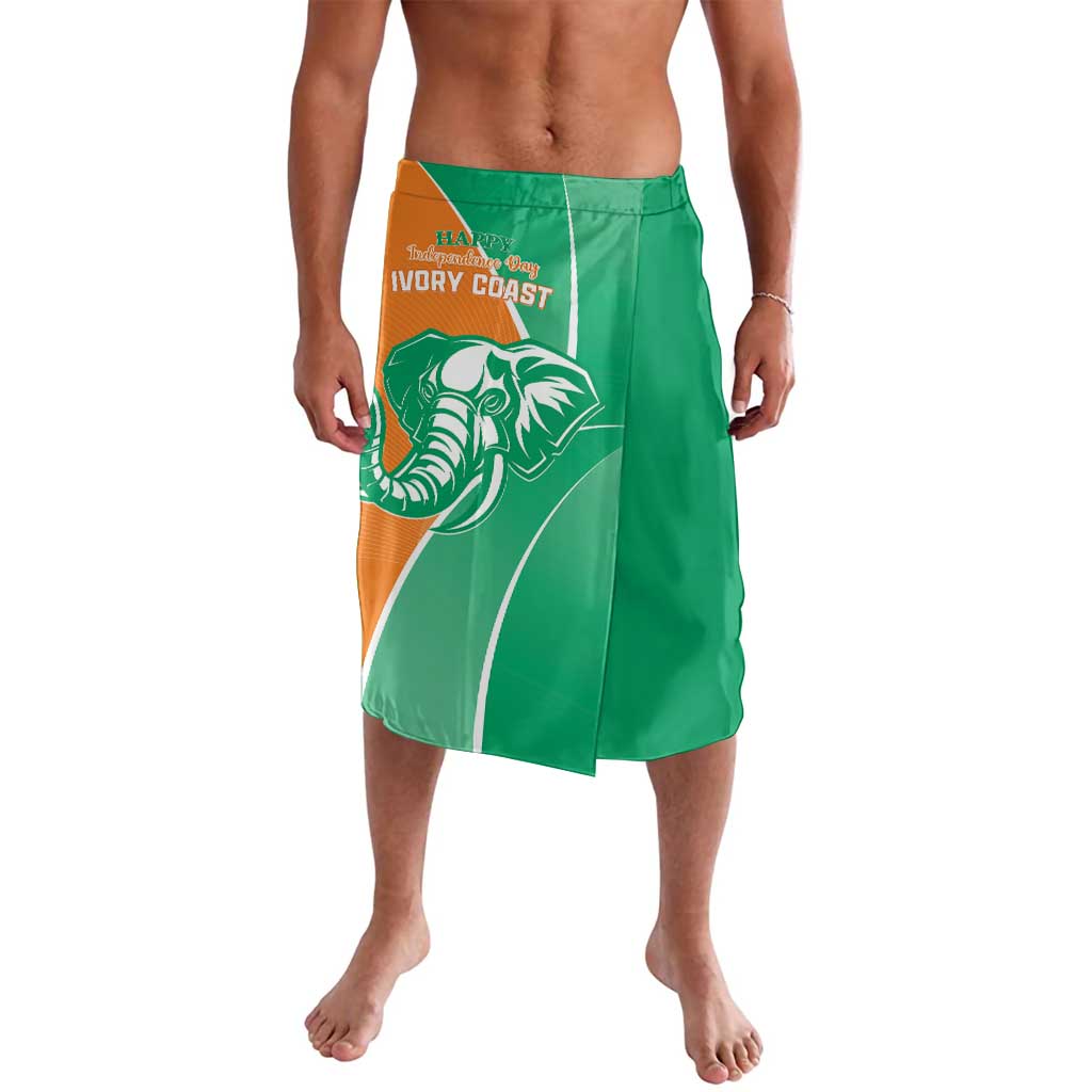 Green Independence Day lavalava with elephant graphic and text on front