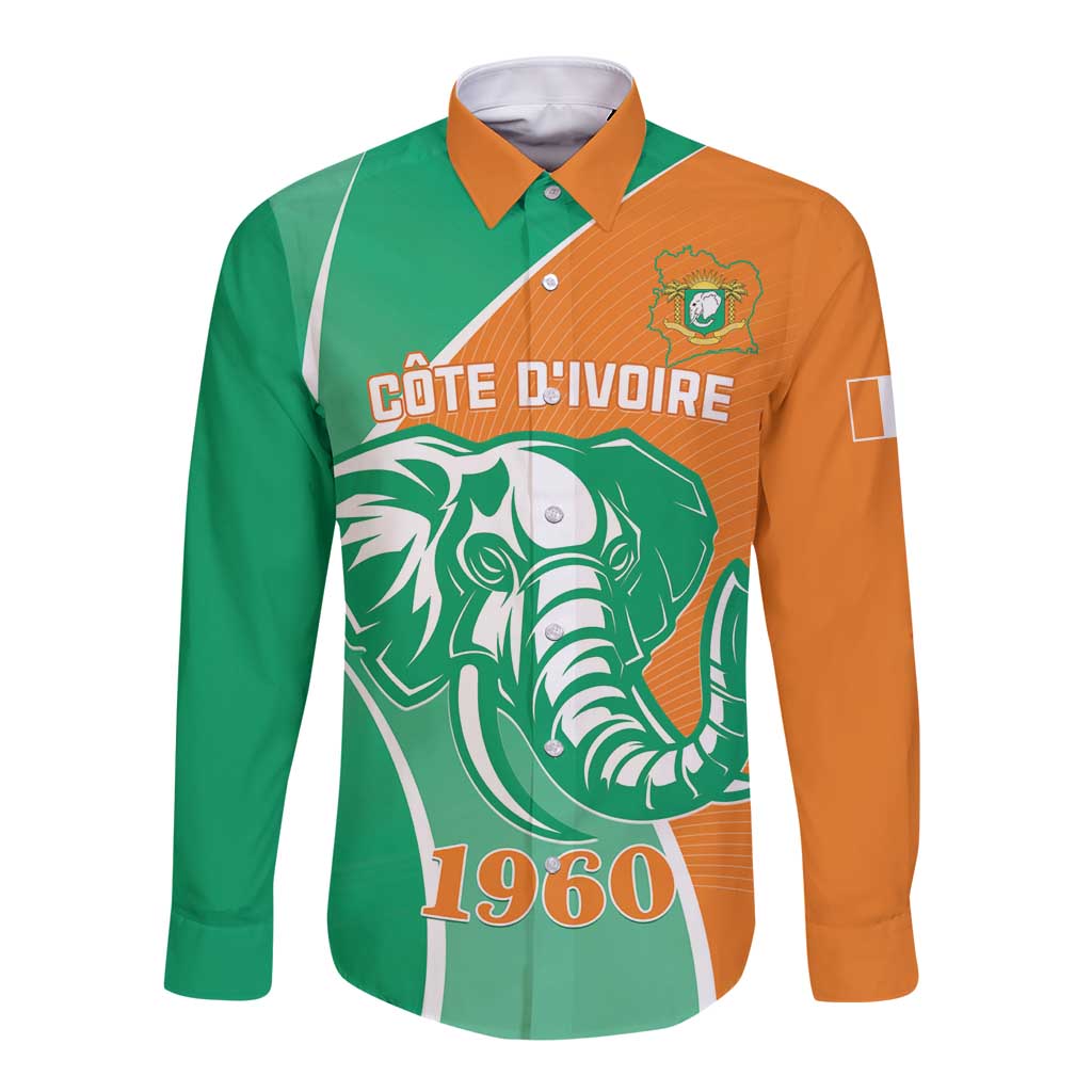 Long-sleeve button shirt with Côte d'Ivoire elephant graphic, green and orange