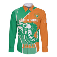 Long-sleeve button shirt with Côte d'Ivoire elephant graphic, green and orange