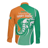 Long sleeve button shirt back in green and orange with elephant graphic and HAPPY Independence Day