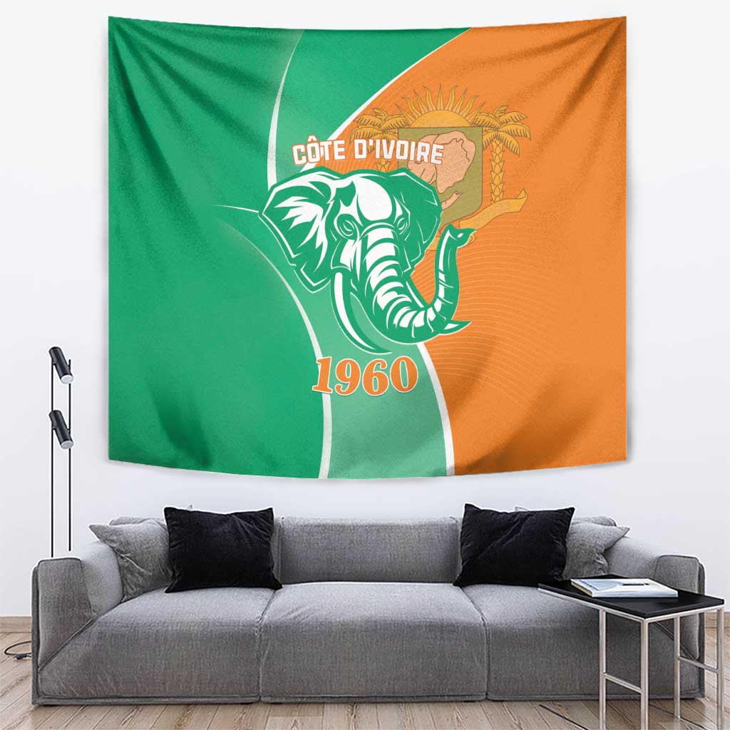 Cote d'Ivoire independence day tapestry with elephant emblem, green and orange panels, 1960