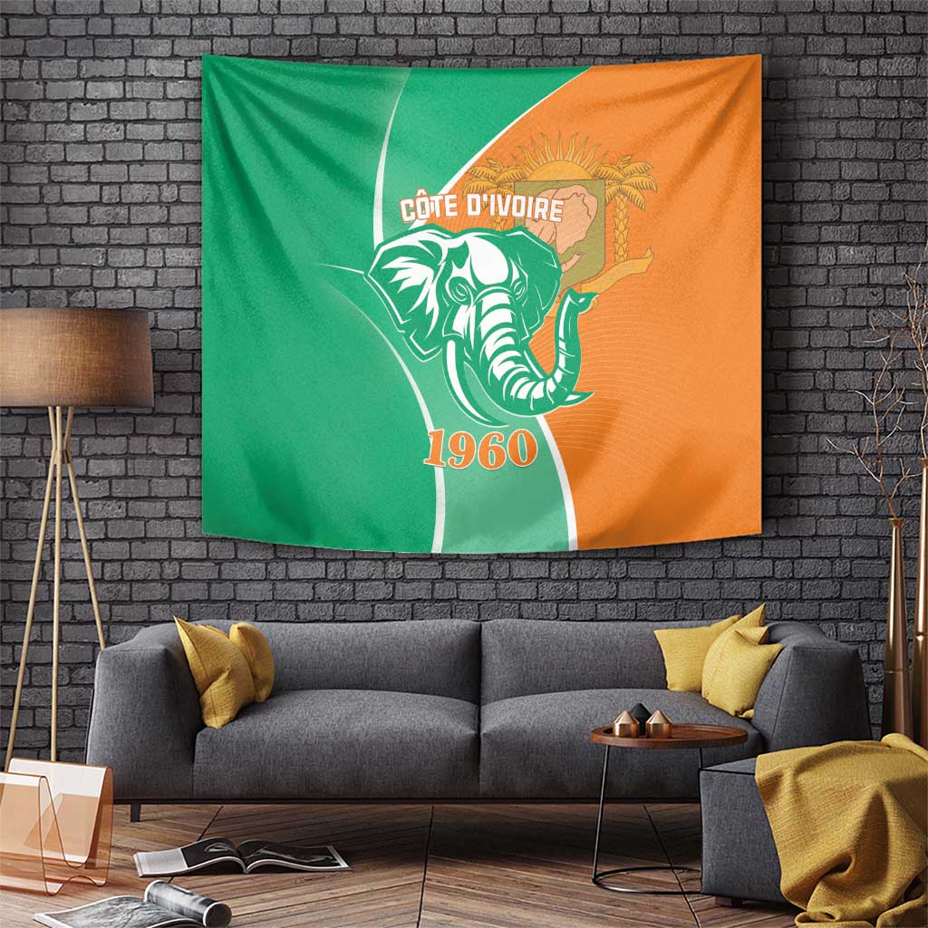 Cote d'Ivoire independence day tapestry with elephant artwork, green and orange, "1960"