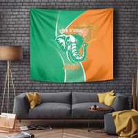 Cote d'Ivoire independence day tapestry with elephant artwork, green and orange, "1960"