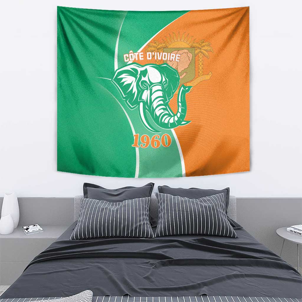 Cote d'Ivoire independence day tapestry featuring elephant crest, green/orange flag-style design