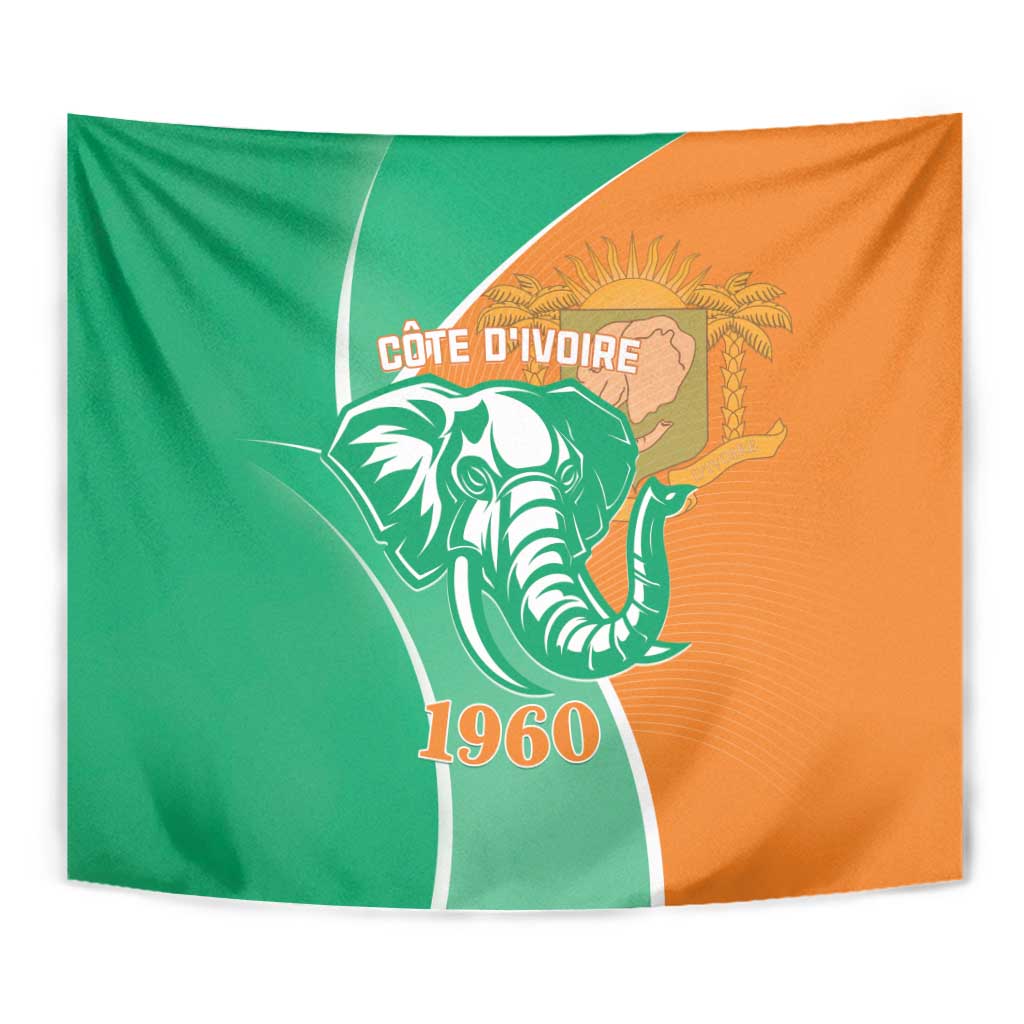Cote d'Ivoire independence day tapestry close-up with elephant crest and 1960 in orange
