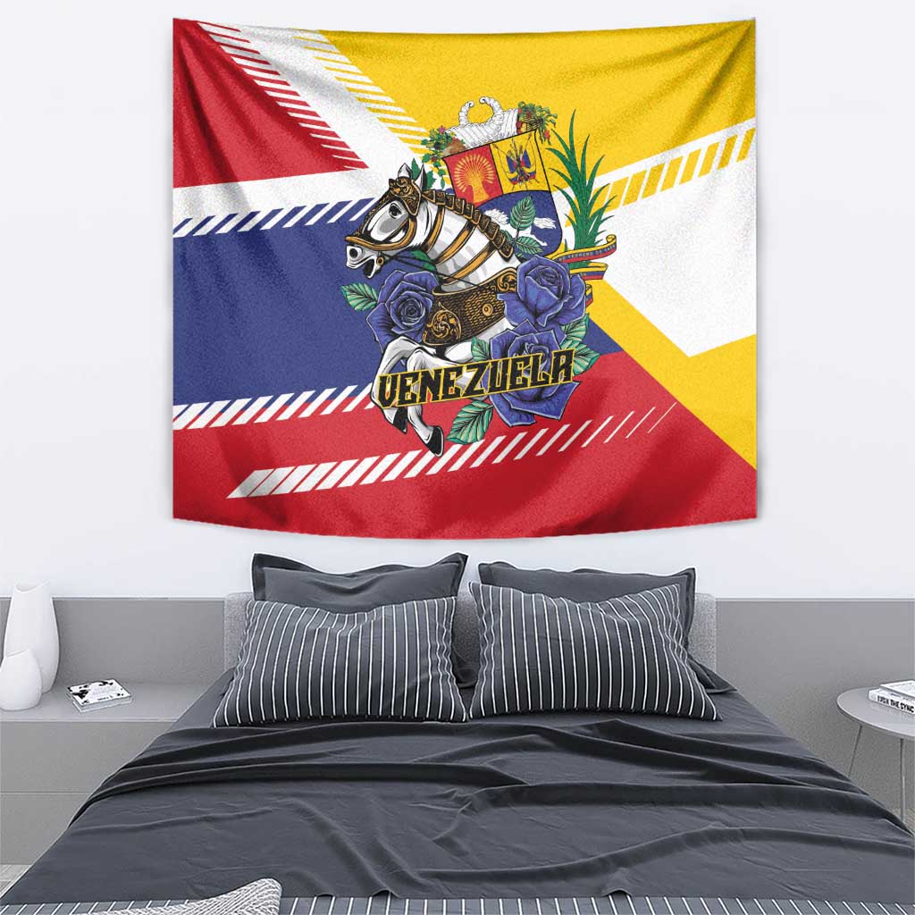 Venezuela horse tapestry showing red, yellow, blue flag stripes and VENEZUELA text