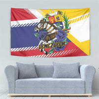 Venezuela horse tapestry with shield crest, roses, and multicolor flag bands