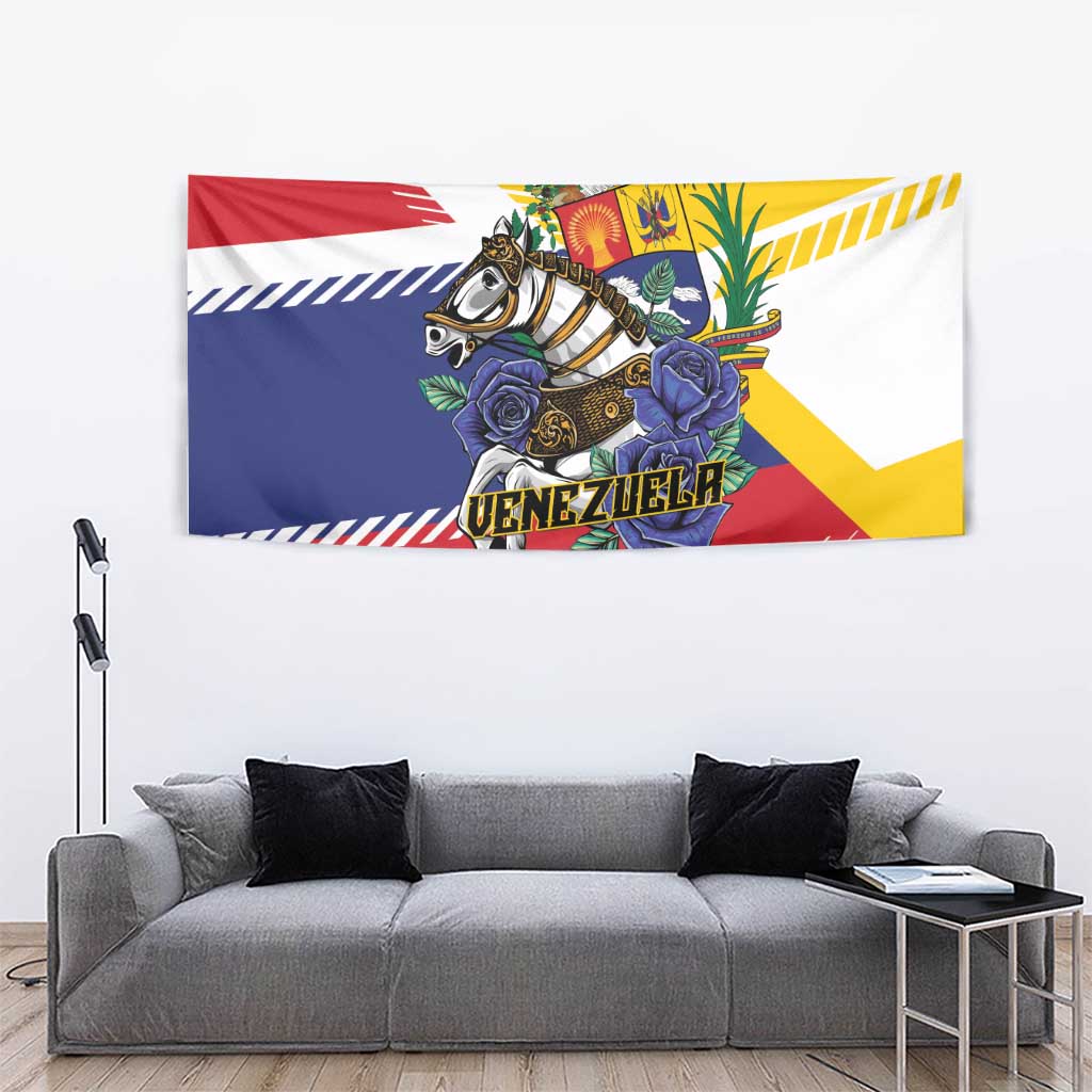 Venezuela horse tapestry with red, yellow, blue flag background and VENEZUELA lettering