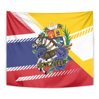 Venezuela horse tapestry close-up with red, yellow, blue stripes and VENEZUELA text
