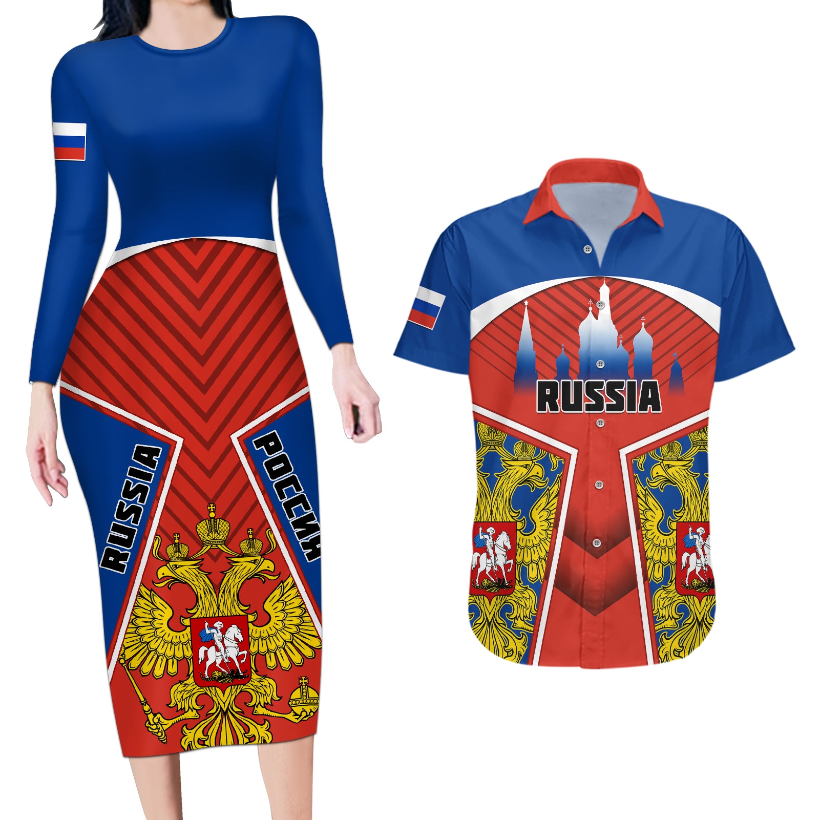 Russia Couples Matching Long Sleeve Bodycon Dress and Hawaiian Shirt Russian Eagle and Kremlin - Wonder Print Shop