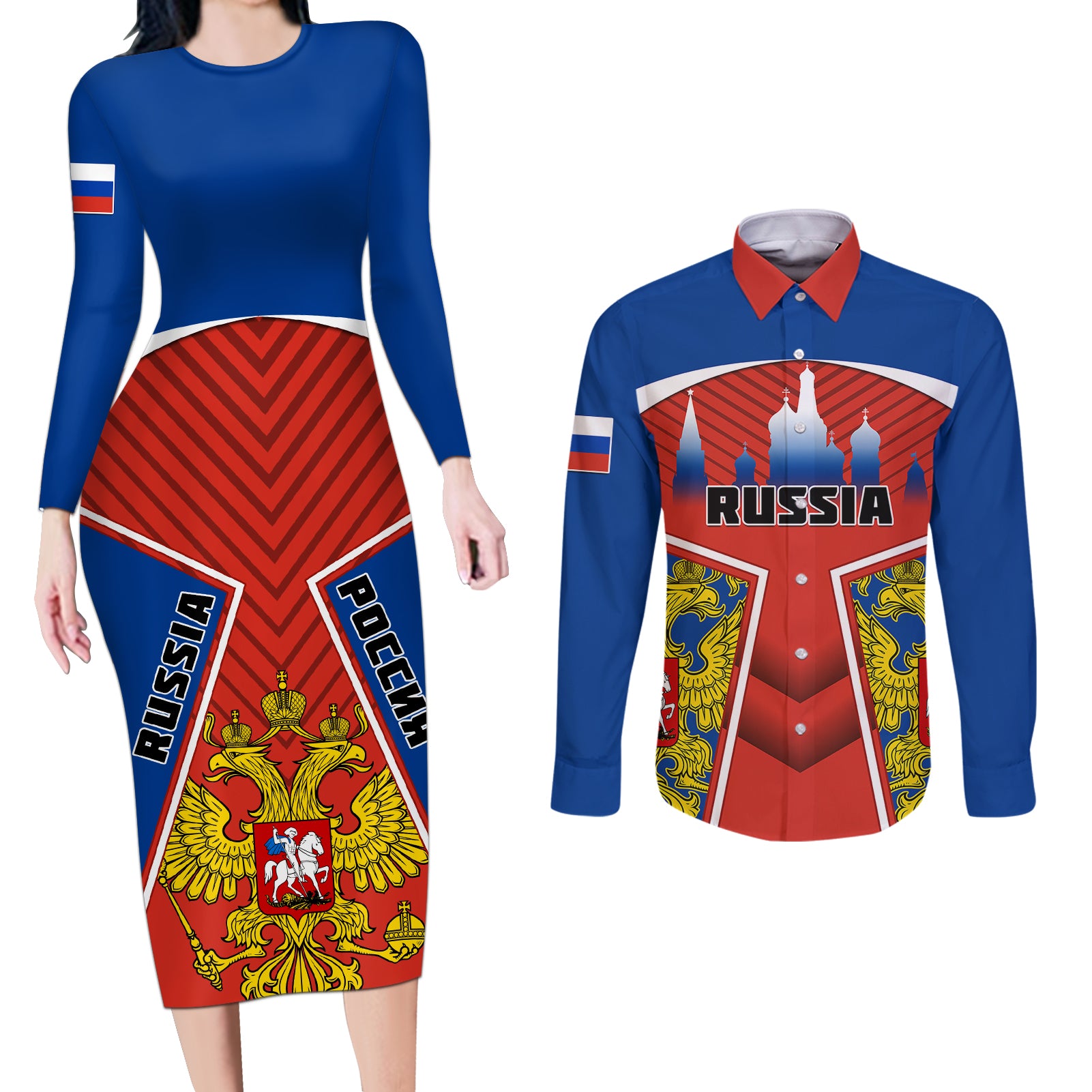 Russia Couples Matching Long Sleeve Bodycon Dress and Long Sleeve Button Shirts Russian Eagle and Kremlin - Wonder Print Shop