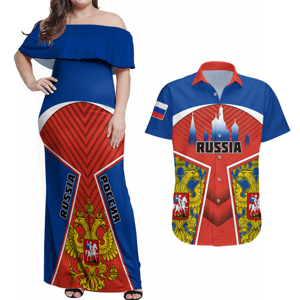 Russia Couples Matching Off Shoulder Maxi Dress and Hawaiian Shirt Russian Eagle and Kremlin - Wonder Print Shop