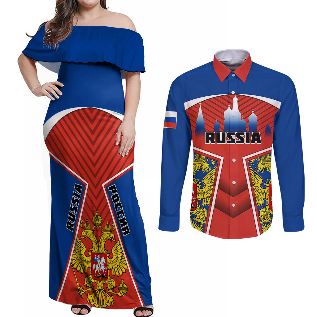 Russia Couples Matching Off Shoulder Maxi Dress and Long Sleeve Button Shirts Russian Eagle and Kremlin - Wonder Print Shop