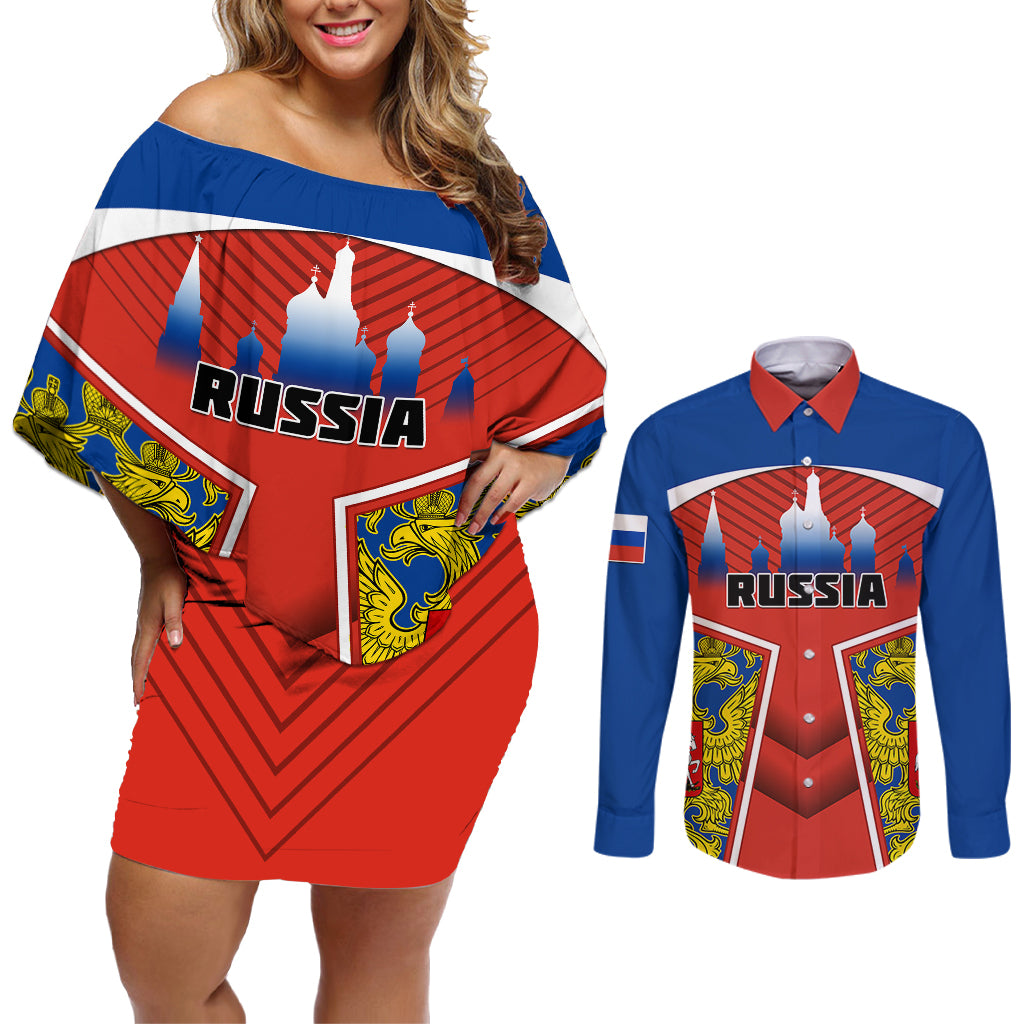 Russia Couples Matching Off Shoulder Short Dress and Long Sleeve Button Shirts Russian Eagle and Kremlin - Wonder Print Shop