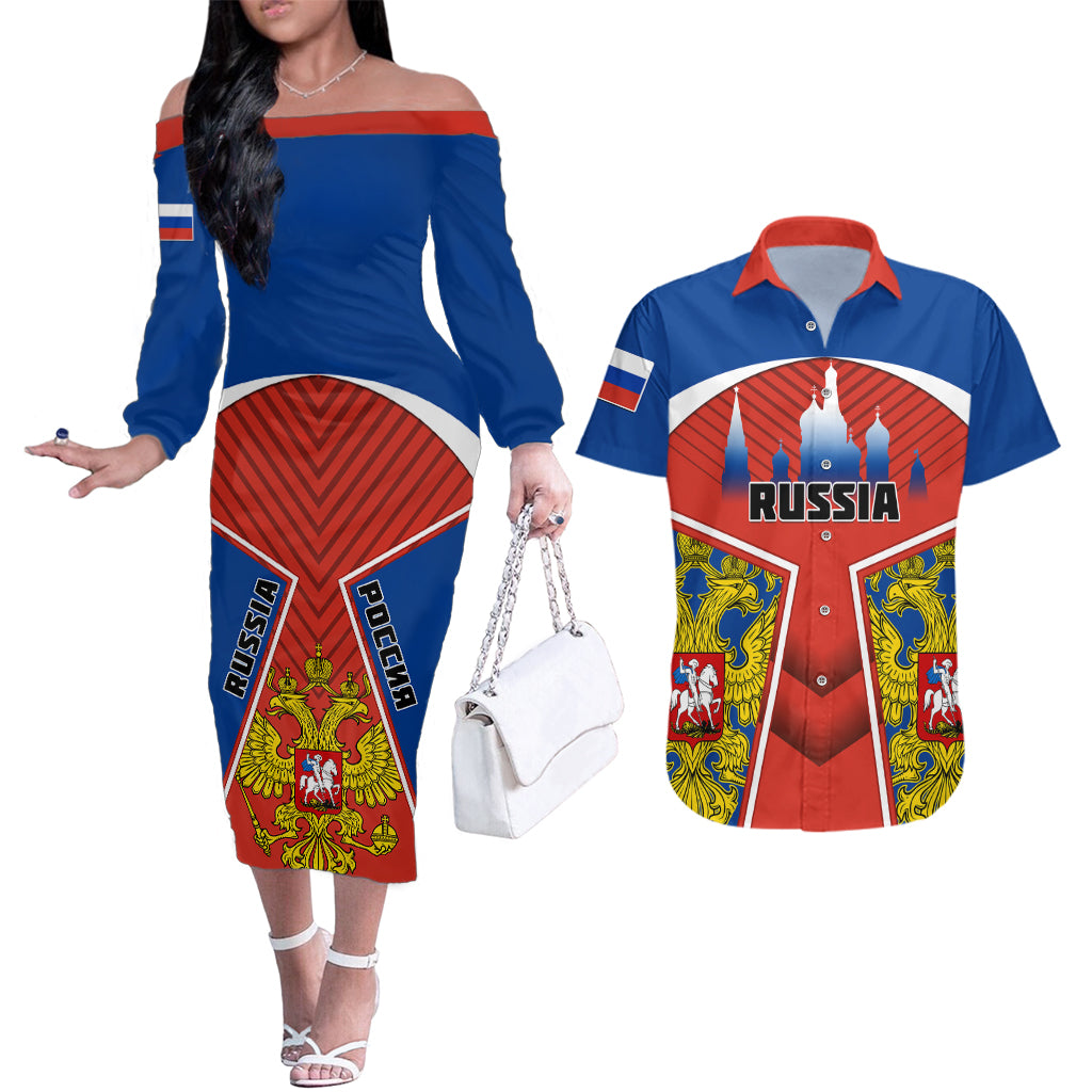 Russia Couples Matching Off The Shoulder Long Sleeve Dress and Hawaiian Shirt Russian Eagle and Kremlin - Wonder Print Shop