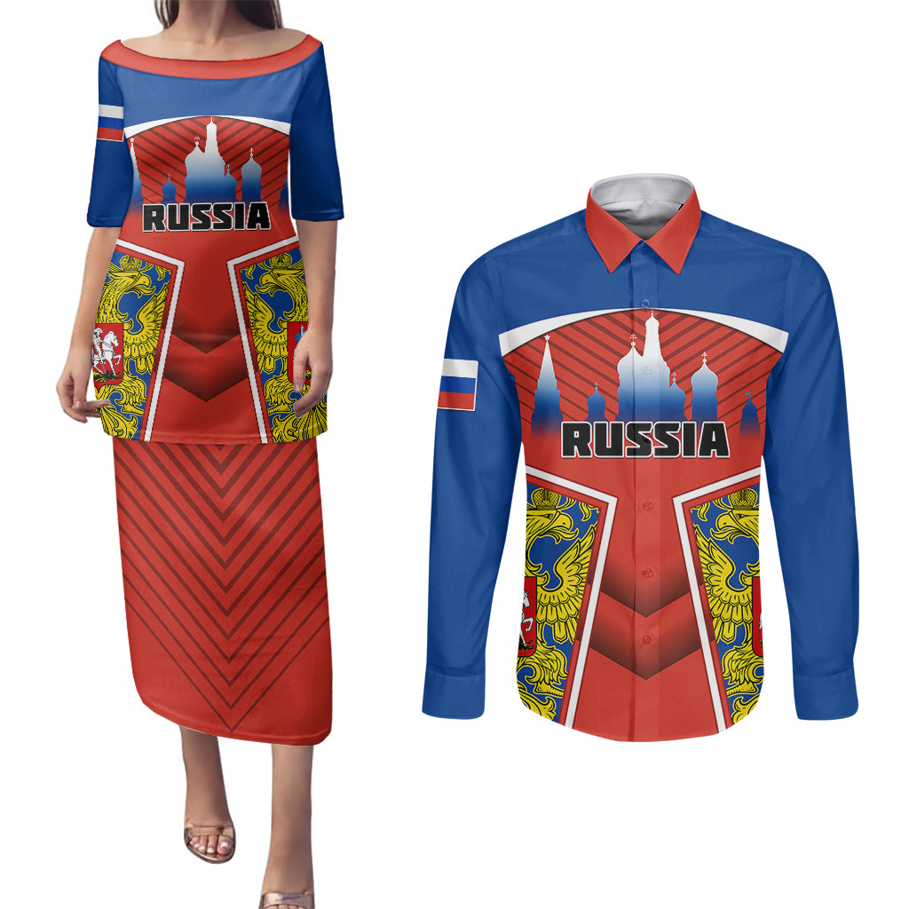 Russia Couples Matching Puletasi Dress and Long Sleeve Button Shirts Russian Eagle and Kremlin - Wonder Print Shop