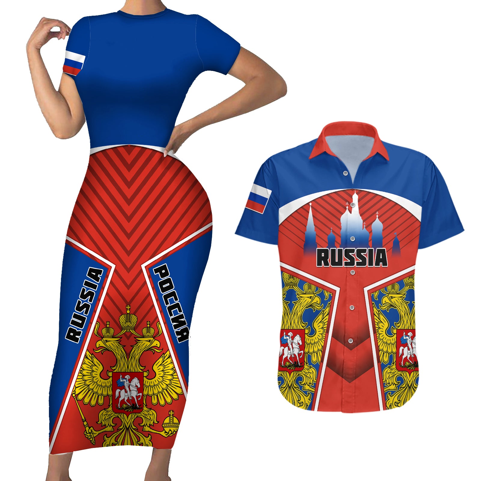 Russia Couples Matching Short Sleeve Bodycon Dress and Hawaiian Shirt Russian Eagle and Kremlin - Wonder Print Shop