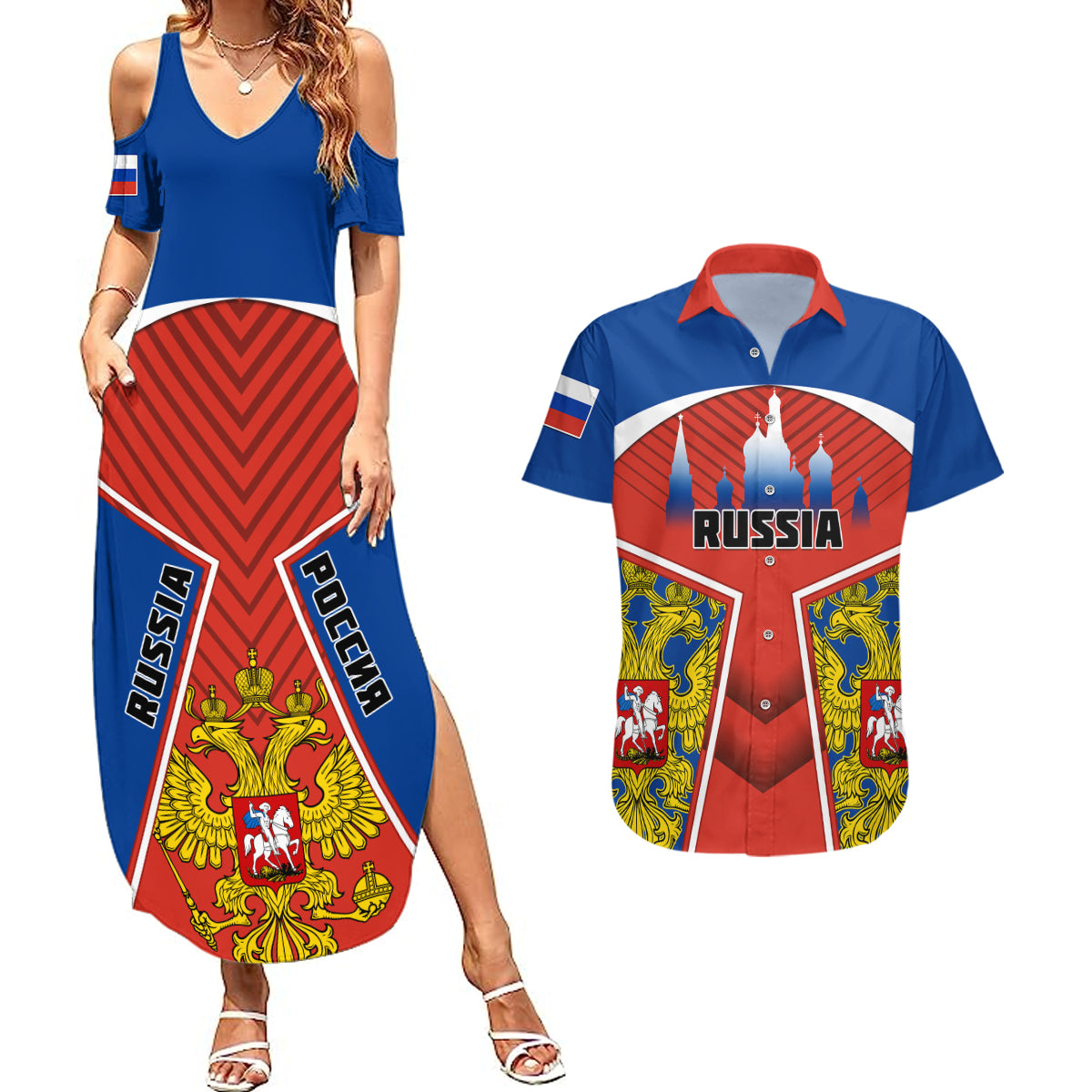 Russia Couples Matching Summer Maxi Dress and Hawaiian Shirt Russian Eagle and Kremlin - Wonder Print Shop