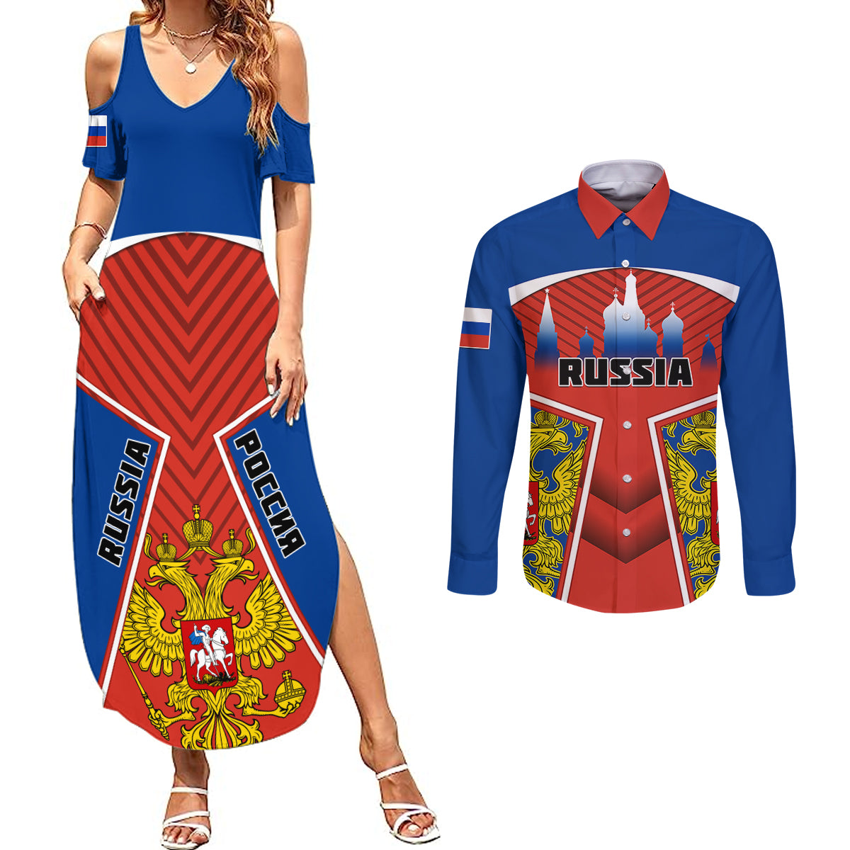 Russia Couples Matching Summer Maxi Dress and Long Sleeve Button Shirts Russian Eagle and Kremlin - Wonder Print Shop