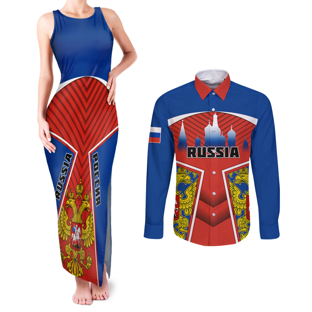 Russia Couples Matching Tank Maxi Dress and Long Sleeve Button Shirts Russian Eagle and Kremlin - Wonder Print Shop