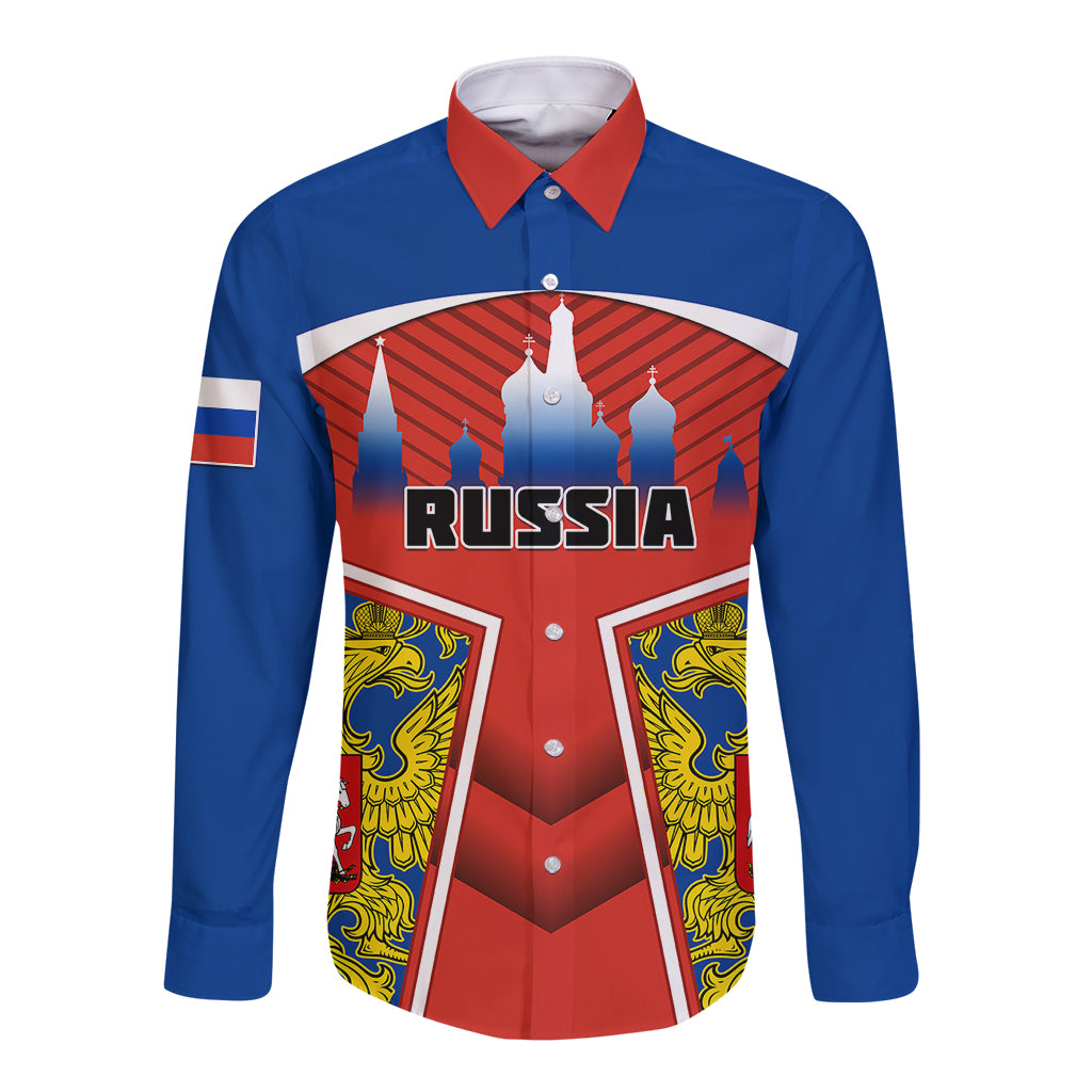 Blue long-sleeve button shirt with red collar and RUSSIA chest graphic
