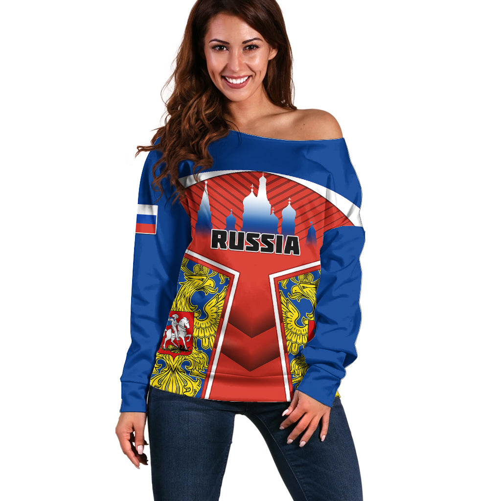 Russia Off Shoulder Sweater Russian Eagle and Kremlin - Wonder Print Shop